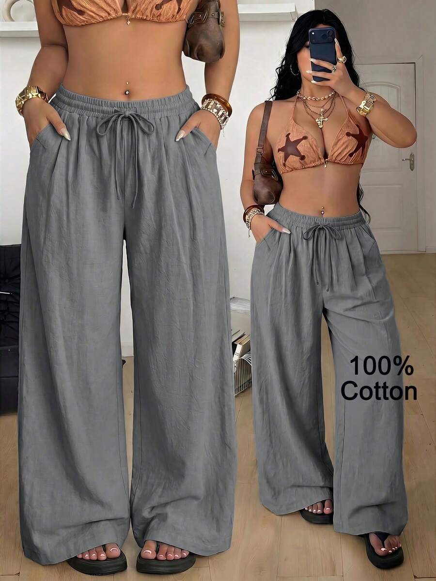 Coolane 女款大尺碼夏秋外出度假休閒波西米亞風抽繩腰棉質寬鬆高腰灰色長褲 - 灰色 - 查看 1