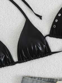 26SS Primavera/Verano Top de Bikini de Cuello Triangular con Patrón de Maíz en Cuero Charol 2 piezas - Negro - Ver 4