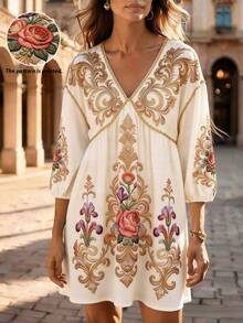 Balvessa Đầm ngắn nữ cổ chữ V họa tiết vintage vai trễ tay rủ cạp cao - Màu be - Xem 1