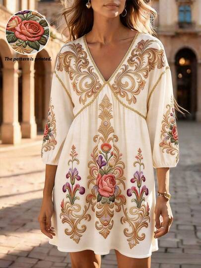 Breezaya Women's V-Neck Vintage Boho Pattern Dropped Shoulder Sleeve High Waist Short Dress Vacation Beige Autumn