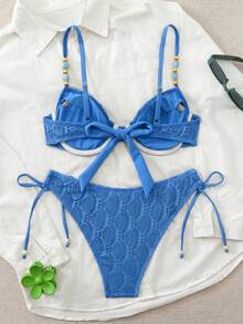 Swim Chiccia 26SS Spring/Summer Vacation Beach Textured Fabric Green Underwire Push-Up Swimsuit Two Pieces Set - Blue - View 5