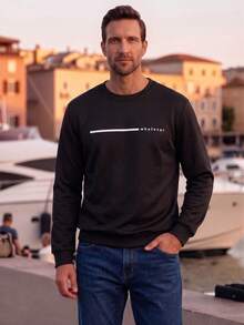 Men's Casual Versatile Daily Commute Minimalist Printed Crew Neck Short Sleeve Sweatshirt, Spring/Autumn Spring To Summer - Black - View 9