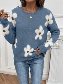 EMERY ROSE Autumn/Winter Casual Floral Pattern Women's Sweater - Blue - View 4