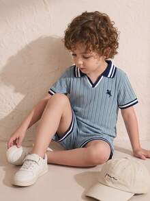 2 peças Conjunto de Polo e Calções Desportivos Casuais para Crianças/Rapazes, Malha Solta Azul Marinho, Adequado para Uso Diário, Volta às Aulas, Passeios, Desportos, Primavera e Verão - Azul - Ver 8