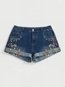 ROMWE Fairycore Plus Size Women's Casual Versatile Daily Denim Shorts With Pocket, Button And Floral Embroidery Pattern - Blue - View 1