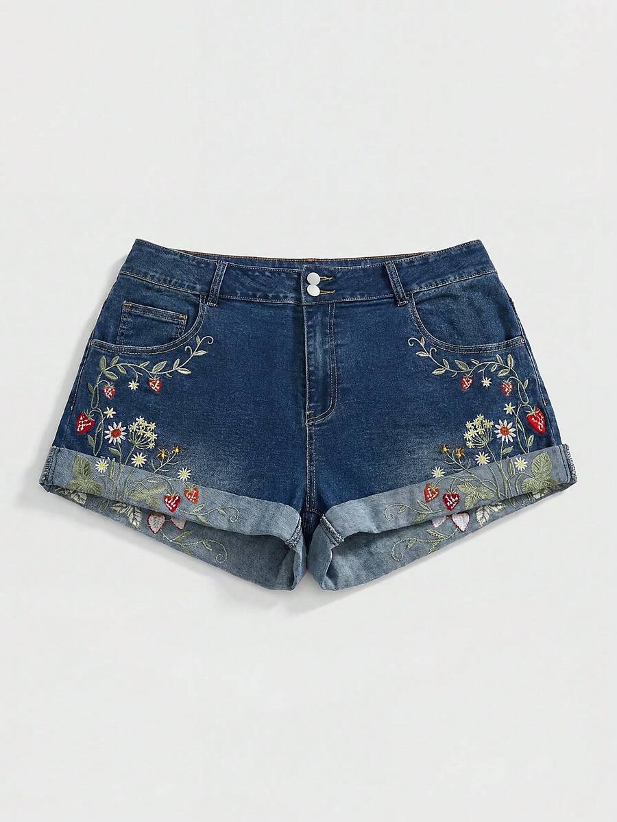 ROMWE Fairycore Plus Size Women's Casual Versatile Daily Denim Shorts With Pocket, Button And Floral Embroidery Pattern - Blue - View 1