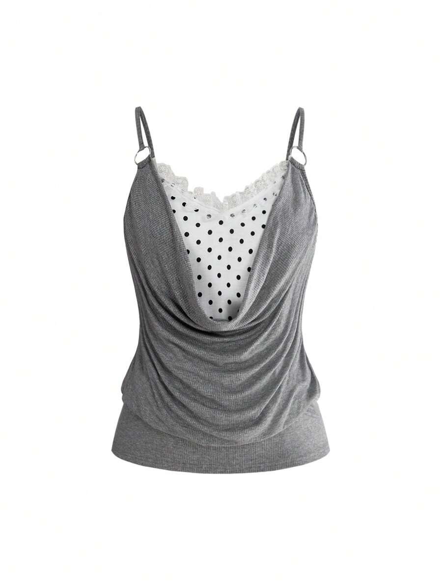 ROMWE Women's Modern Polka Dot Large Collar 2 In 1 Set Plus Size Camisole Top - Dark Grey - View 1