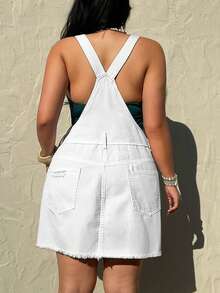 SHEIN CURVE+ Vestido de mezclilla lavado y desgastado de unicolor para mujer talla grande de verano - Blanco - Ver 2