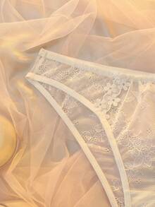 DelicateAllure Culottes transparentes blanches à patchwork en maille avec motif floral 3D mignon pour femmes - Blanc - Voir 6