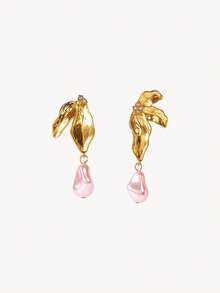 Opalesca 1 đôi bông tai mặt lá ngọc trai đính kim cương, chất liệu kim loại vân ngọc trai/xà cừ mạ vàng 18K, phong cách cao cấp/sang trọng/thanh lịch/tối giản, ngọc trai/pha lê, đeo hàng ngày, cho mẹ/phụ nữ/con gái, đính hôn/cưới/hứa hẹn, mùa hè/biển/dạ hội/tiệc/lễ hội/du lịch, Fairycore/Mermaid Core - Màu Hồng baby - Xem 1
