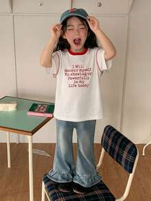 DAZY 圓領套頭對比色字母印花寬鬆可愛少女夏季T恤 - 白色 - 查看 4