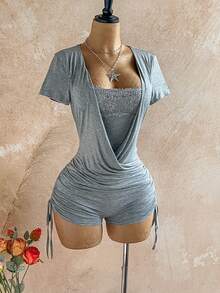 Soleia Women's Solid Color Short Sleeve Contrast Lace 2 In 1 Design Side Drawstring Fashion Romper - Grey - View 5