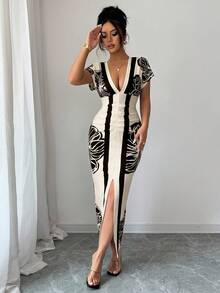 SHEIN Clasi Women's Exquisite Elegant Sexy Bohemian Print Vacation Dress Brunch Black And White Summer - Apricot - View 6