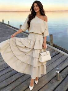 Modelyn 春夏休閒時尚度假風不對稱肩領短袖寬鬆舒適上衣 & 多層蛋糕裙襬抓皺荷葉邊設計大A字裙襬淺色系時尚套裝 - 杏色 - 查看 8