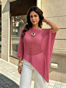 SHEIN Franclia Women's Solid Color Round Neck Hollow Design Asymmetric Hem Sweater Vacation Hot Pink Summer Casual - Hot Pink - View 3