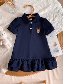 Gaun Polo Longgar dengan Kerah Polo, Minimalis Serbaguna, Bordir Kartun, Hem Bergelombang, untuk Anak Perempuan di Musim Panas, Kasual, untuk Perjalanan Sehari-hari, Cocok untuk Perjalanan Langsung. - Navy Blue - View 1