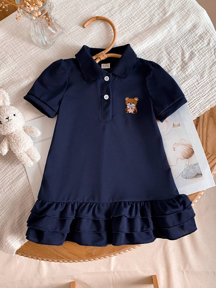 Gaun Polo Longgar dengan Kerah Polo, Minimalis Serbaguna, Bordir Kartun, Hem Bergelombang, untuk Anak Perempuan di Musim Panas, Kasual, untuk Perjalanan Sehari-hari, Cocok untuk Perjalanan Langsung. - Navy Blue - View 1