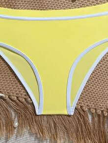 SHEIN Tween Girl White Contrast Trim Round Neck Tank Top And Triangle Bikini Bottom Swimsuit Set - Yellow - View 5