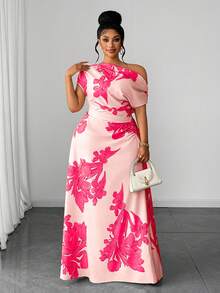 Maweii Plus Size Floral Print One Shoulder Ruched Waist Slimming Outing Vacation Dress - Baby Pink - View 5