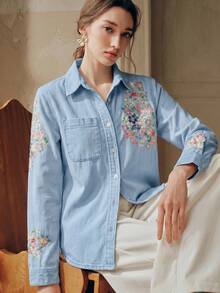 Camisa de manga larga azul con bordado floral grande elegante y romántica para mujer, moda primavera/verano, para fiesta de San Valentín y vacaciones, con jeans - Beis - Ver 4