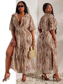SHEIN SXY Plus-Size Brown Animal Print Button-Down Slit Long Semi-Sheer Short-Sleeved Shirt/Blouse - Multicolor - View 8