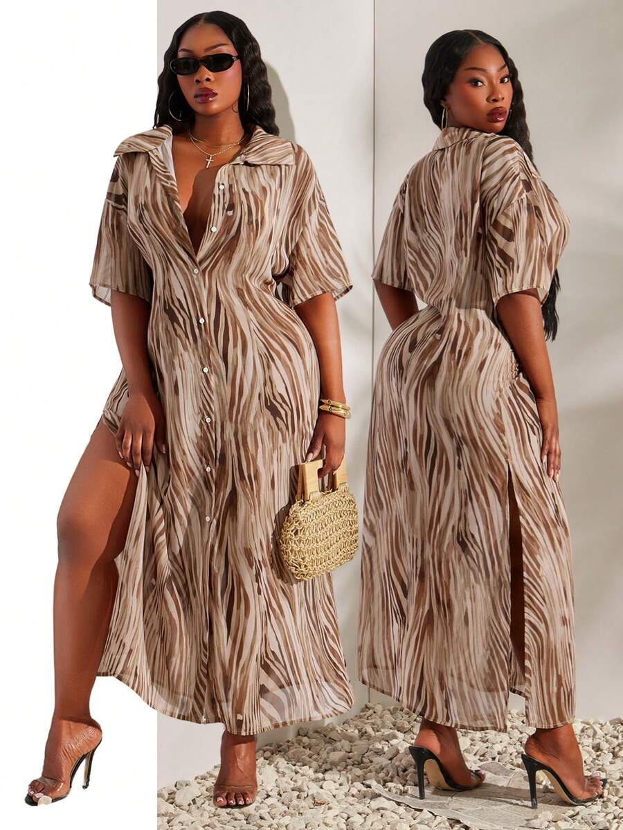SHEIN SXY Plus-Size Brown Animal Print Button-Down Slit Long Semi-Sheer Short-Sleeved Shirt/Blouse