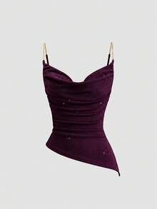 Sweetra Áo tank top nữ thời trang mới đa năng, chất dệt kim bóng, chiết eo, cổ bèo và gấu áo bất đối xứng - Màu đỏ tím - Xem 3