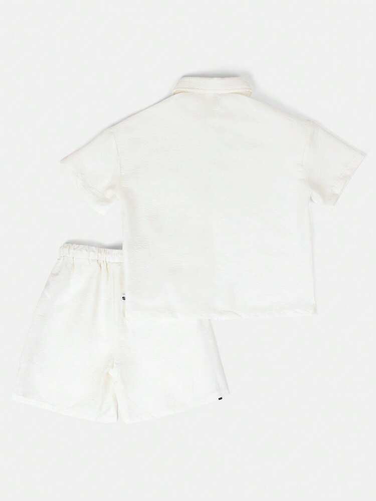 Tween Boys Seersucker Short Sleeve Button-Up Shirt And Shorts Co-Ord Set With Oval Logo, Summer Casual Two-Piece Outfit