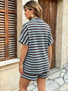 Ceyna Plus Size 2pcs Casual Knit Striped Short Sleeve Top And Shorts Set, Spring/Summer - Coffee Brown - View 2