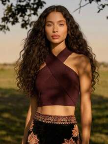 CAJUNI Minimalist Sexy Short Halter Neck Burgundy Top Casual And Elegant Night Out Summer - Brown - View 4