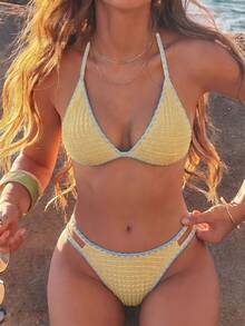 Swim Vcay Bộ bikini hai mảnh buộc cổ và quần tam giác gợi cảm dành cho nữ, thích hợp mặc đi biển mùa hè. - Màu vàng - Xem 1