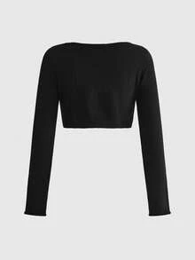 ROMWE Y2K Kawaii Oversized Scoop Neck Rabbit Knit Pattern Super Cropped Women's Cardigan - Black - View 2