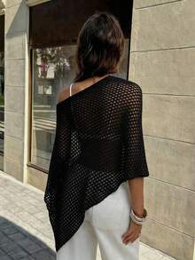 SHEIN PariChic Hollow Out Semi-Transparent Round Neck Asymmetric Hemline Sweater - Black - View 2
