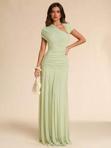 SHEIN BAE Asymmetric Ruched Fitted Long Dress, Green, Suitable For Wedding Guest,Dresses For Women Summer - Green - View 1