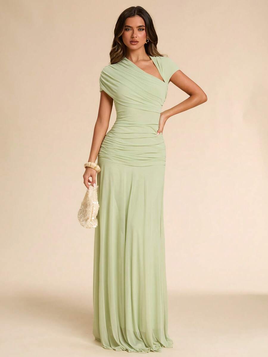 SHEIN BAE Asymmetric Ruched Fitted Long Dress, Green, Suitable For Wedding Guest,Dresses For Women Summer - Green - View 1