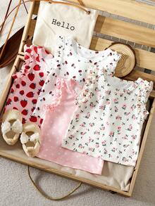 SHEIN Vintaside Kids 3件組女嬰夏季休閒套裝 可愛白色與粉色素色 & 條紋上衣 荷葉邊袖 舒適度假出遊日常穿搭 - 粉色 - 查看 5