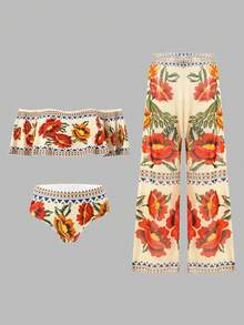 Swim Oasis Set Bikini Wanita Seksi Model Bandeau Tanpa Bahu dengan Tali Bahu yang Dapat Dilepas, Motif Bunga dan Hiasan Ruffle, untuk Liburan Pantai Musim Semi/Panas, Perjalanan dan Gaya Jalanan + Celana Pantai Jala Motif Bunga yang Serasi - MultiWarna - View 5