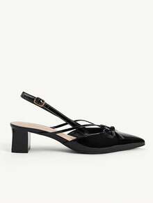 CUCCOO CHICEST Black Pointed Toe Bow Slingback Thick Heel Sandals, Workplace Commuting Temperament Shoes - Three knives black - View 7