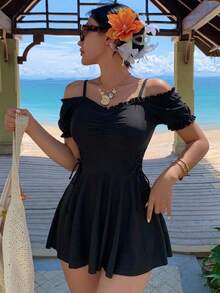 DAZY Solid Frill Trim One Piece Swimsuit Summer,Beach Women Outfits Vacation - Black - View 10