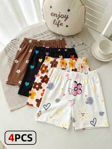 4pcs Girls Toddler Casual Versatile Soft Cute Floral, Ditsy, Heart And Little Sun Pattern Shorts, High Value, Suitable For Spring/Summer Casual Indoor Or Outdoor Play, Multi-Color Sweet Cute Print Shorts Versatile Basic Shorts For Spring/Summer Or All Seasons - Multicolor - View 3