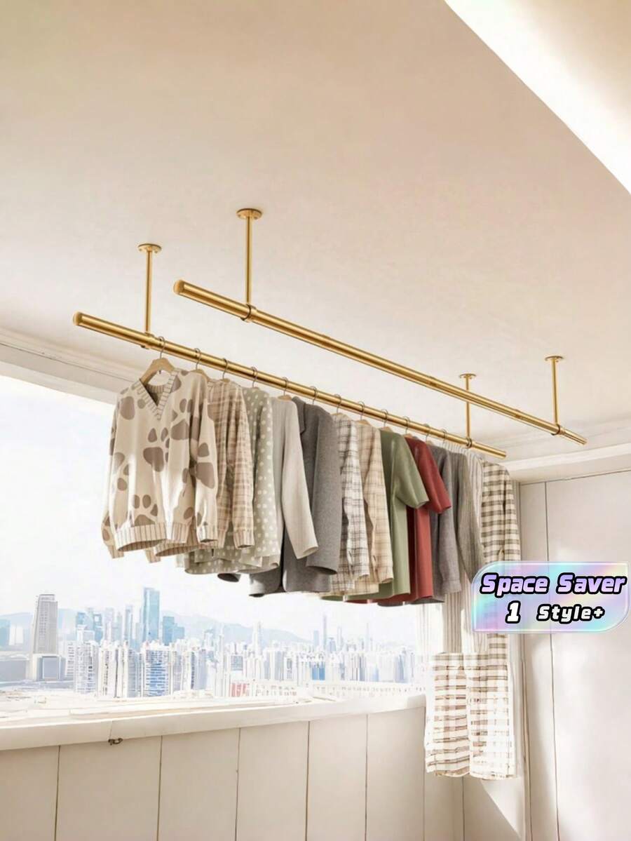 1PC Thickened Stainless Steel Household Drying Rack, Rust-Proof And Windproof Clothes Hanger, Wardrobe Storage Rod, Garment Hanging Device, Multi-Function Towel Bar, Bathroom & Balcony Multi-Purpose Clothes Storage Rack - A - View 1
