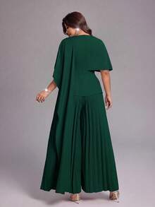 Viva Relle Plus Size Women's Spring/Summer New Lightweight Luxury Banquet Style Bean Paste Pink Jumpsuit, Asymmetric Shawl Waist-Cinched Pleated Wide-Leg Pants. Suitable For High-End Evening Parties, Wedding Guests, Red Carpet Events, Lightweight Luxury Banquet Style Fashion Apparel - Dark Green - View 2