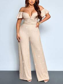 SOLERSUN Jumpsuit Wanita Ukuran Plus Warna Beige Musim Panas Elegan Tanpa Bahu Lengan Ruffle untuk Acara Malam Hari di Klub, Leher V Pinggang Tinggi Kaki Lebar Bagian Atas Berkerut - Aprikot - View 5