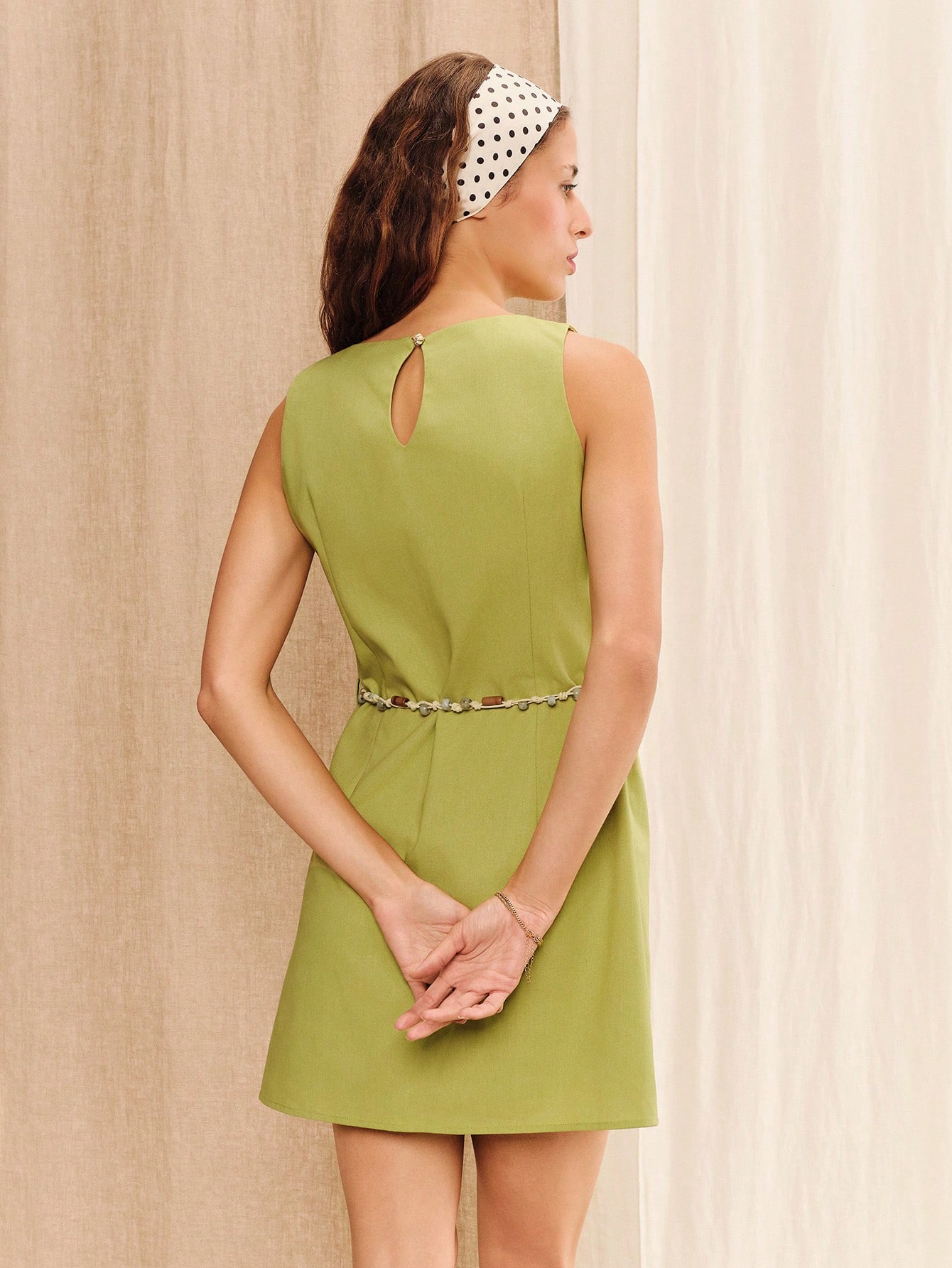 Elegant Green Linen Loose Fit Mini Dress With Boho Beaded Belt Summer Holiday Causal French Style Dress