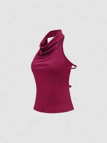 Sweetra Top básico elegante de cuello alto y espalda con cordón elástico ajustable - Burdeos - Ver 4