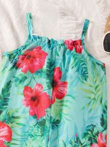 Young Girl Tropical Floral Print Casual Jumpsuit, Suitable For Leisure Vacation Beach Photography - Mint Green - View 4