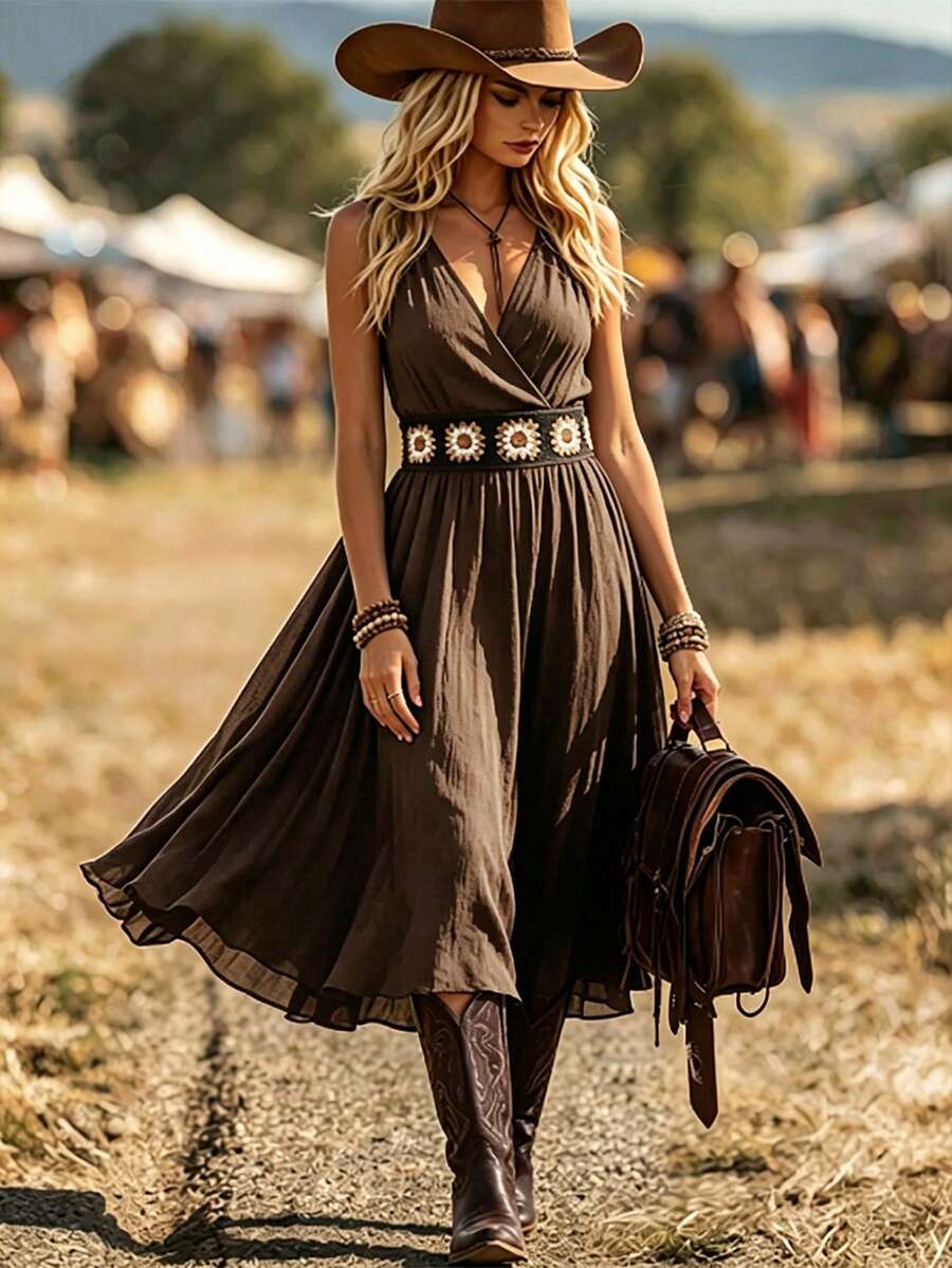 LanaWest Women's Summer Shirred Sleeveless Waist Splicing Crochet Trim Waist-Cinched Shirred A-Line Western Casual Vacation Dress - Coffee Brown - View 1
