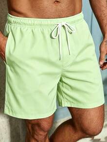 Manfinity Swimmode Celana Pendek Pantai Pria Musim Panas Motif Kerang dengan Tali Serut di Pinggang, Dua Lapisan, Cocok untuk Liburan/Pantai/Hawaii/Tropis/Berenang/Mandi - Mint Green - View 6