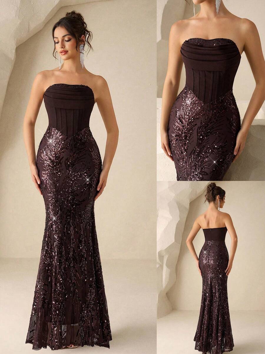 Coutiva Đầm dạ hội cao cấp không dây vai, đính sequin và nhiều mảnh vải. - Cà phê nâu - Xem 1