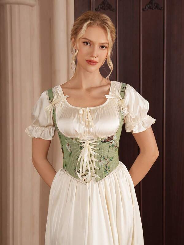 Myrelith Floral Print Drawstring Tie Bow Decor Bustier Top 1 Piece